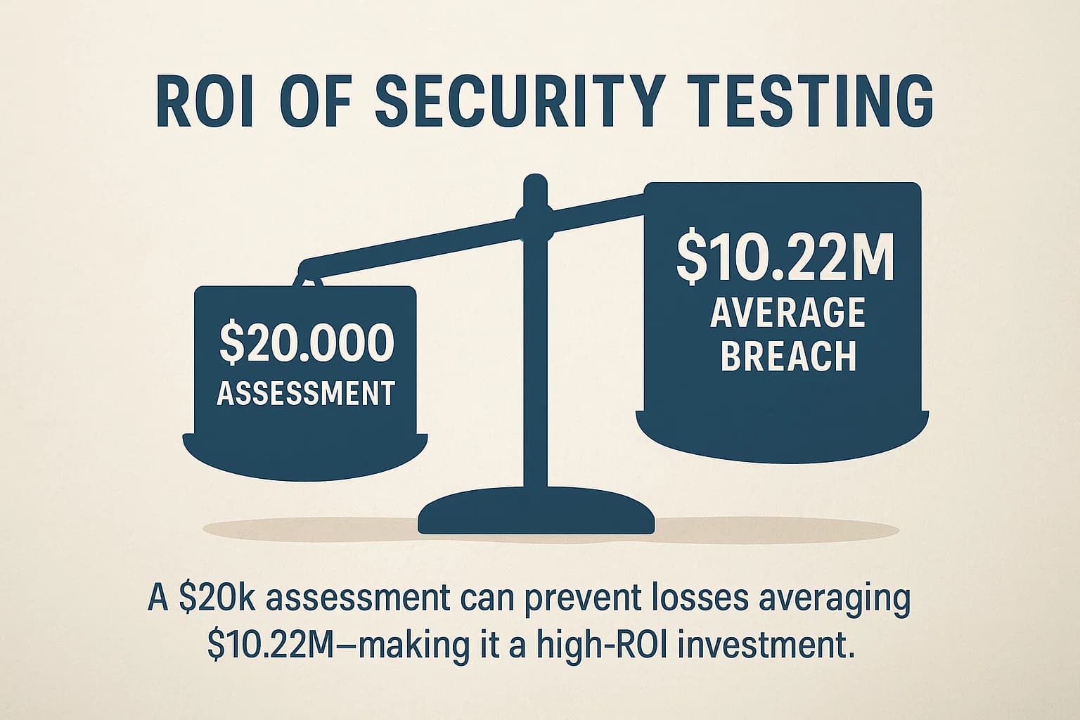 Infographic showing ROI comparison of $20,000 penetration test cost versus $10.22 million average data breach cost.