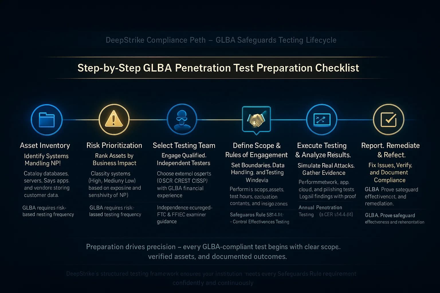 Infographic showing the six key steps to prepare for a GLBA penetration test — identify assets, assess risk, choose testers, define scope, execute testing, and verify fixes for compliance evidence.