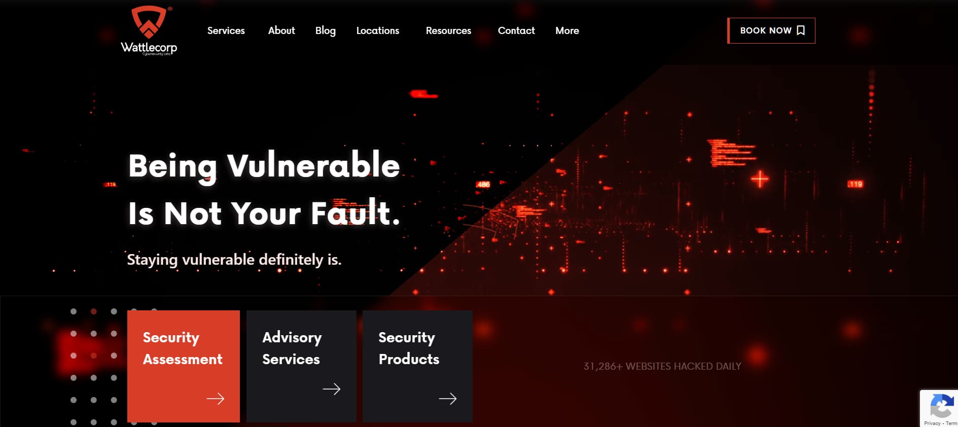 Wattlecorp Cybersecurity Labs homepage with a black and red theme, showing the tagline “Being Vulnerable Is Not Your Fault” and service options for Security Assessment, Advisory Services, and Security Products.