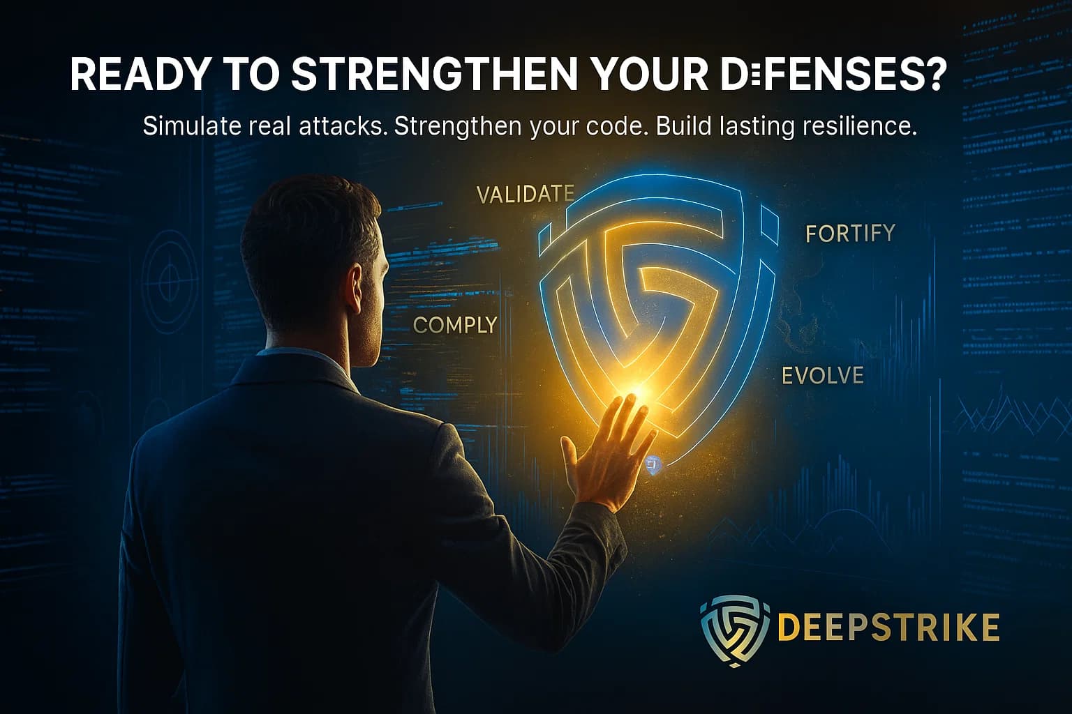 Digital illustration of a cybersecurity professional interacting with a holographic shield surrounded by glowing code and network visuals, representing readiness to strengthen defenses through DeepStrike’s services.
