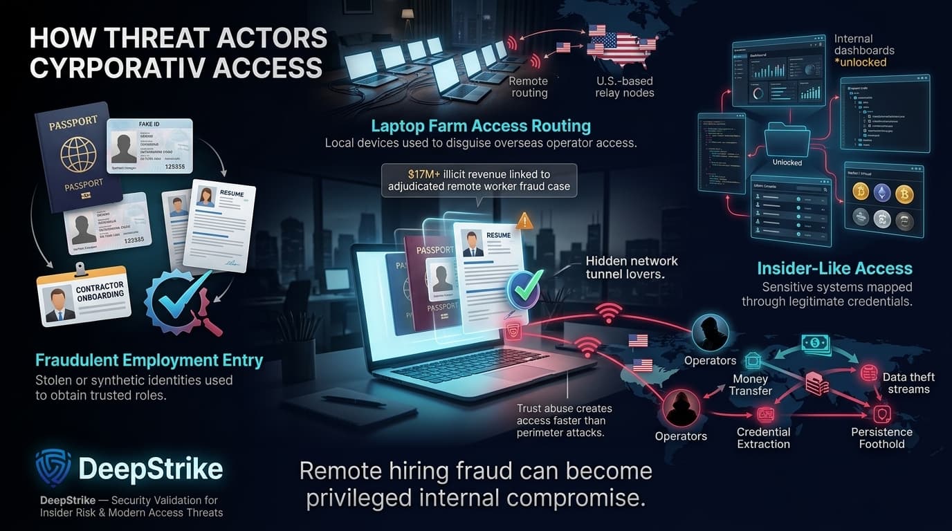 “A cinematic cybersecurity scene shows a corporate laptop connected through hidden tunnels to remote operators using fake identities. Laptop farms route access while internal admin systems and digital wallets become visible, illustrating insider-like access gained through fraudulent remote employment.”