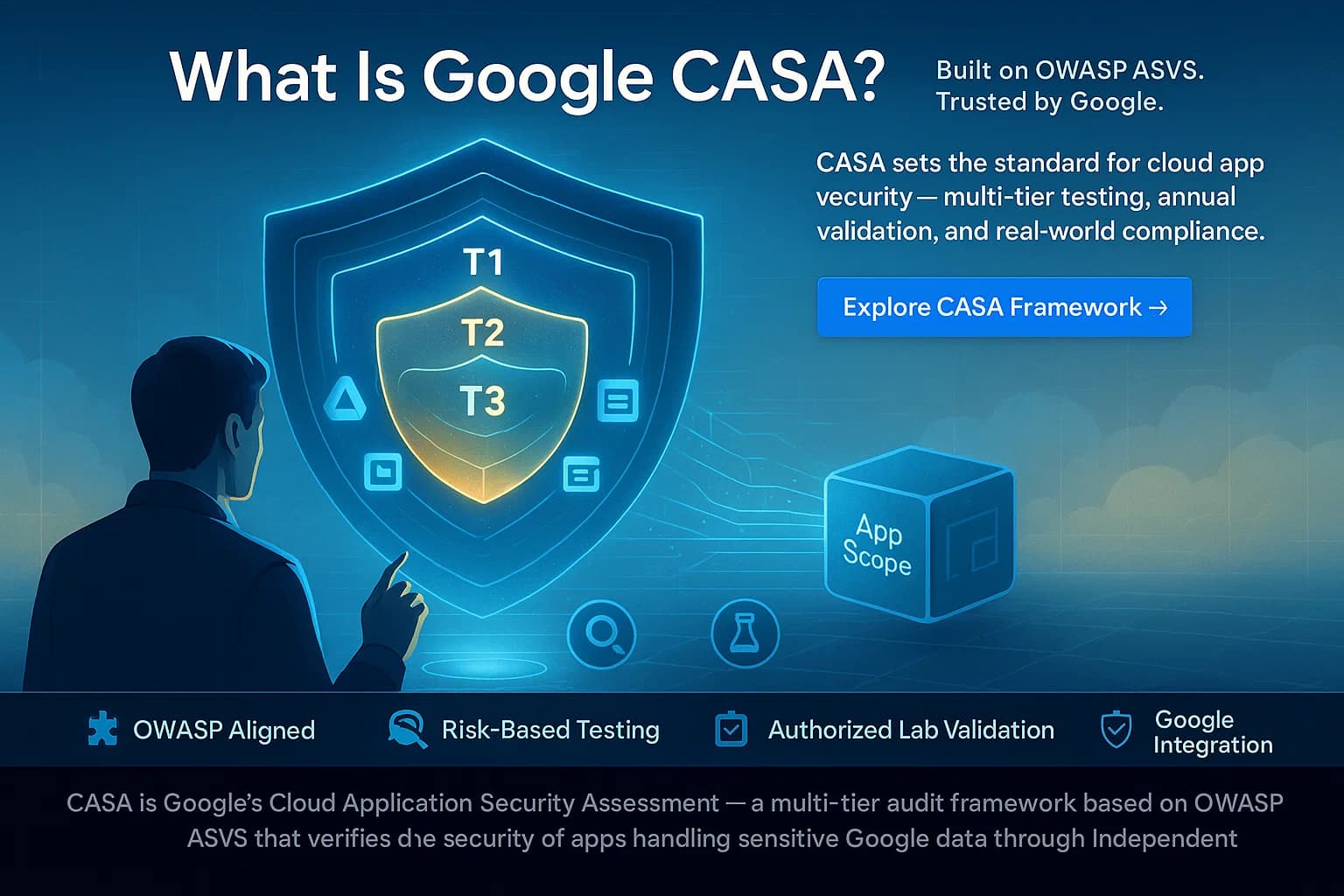 “Futuristic security auditor analyzing a holographic CASA shield showing Tier 1–3 verification levels, with data streams linking a cloud app and Google services in a digital control center.”
