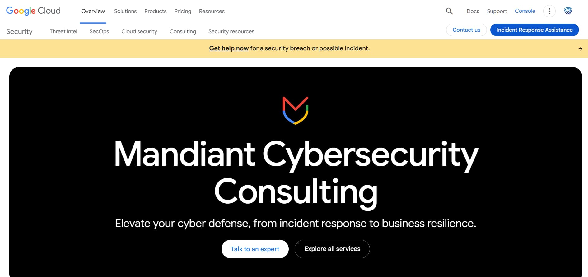 “Google Cloud Mandiant Cybersecurity Consulting page with black background and buttons to talk to an expert or explore services.”