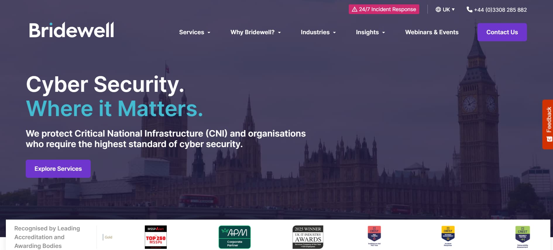 Website hero for Bridewell emphasizing cybersecurity services protecting critical national infrastructure and high-risk organizations.