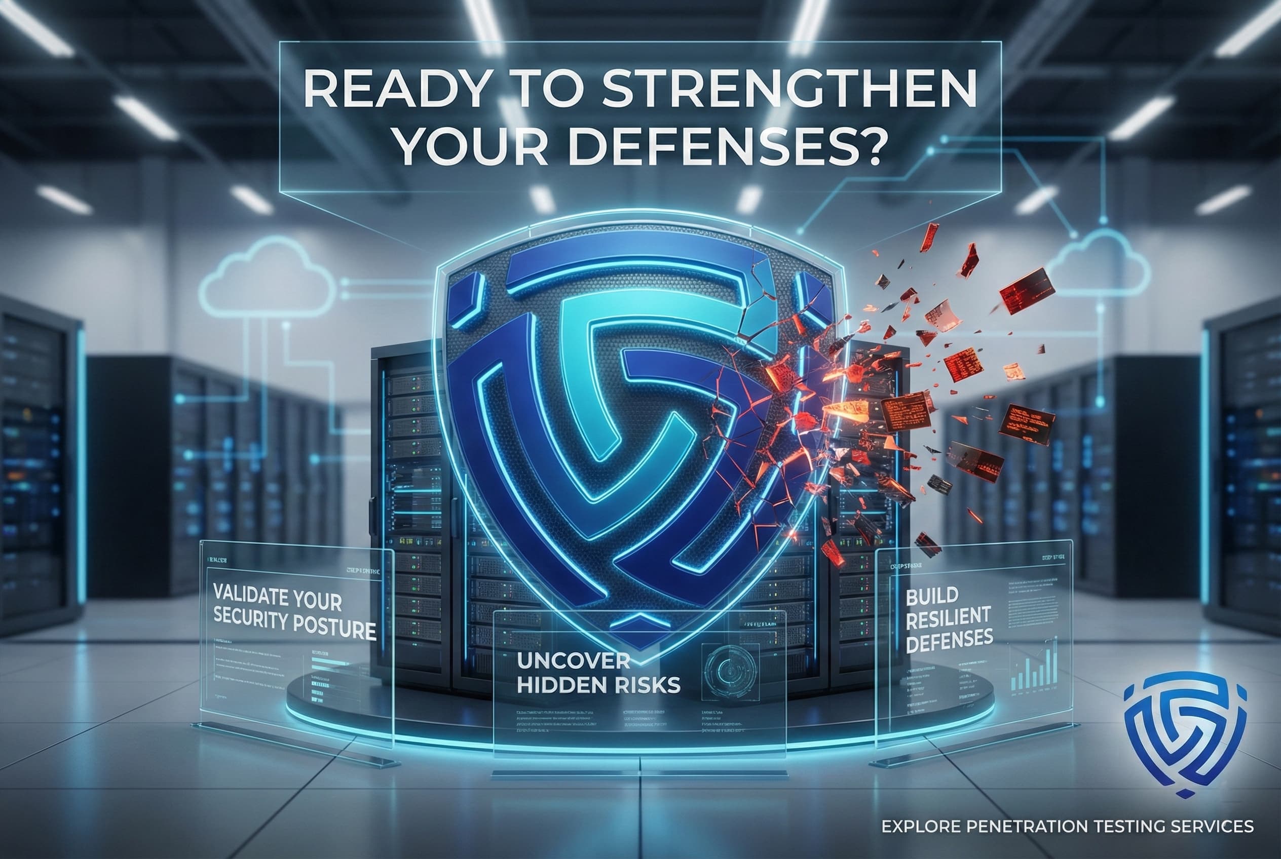 Futuristic cybersecurity illustration showing a large glowing digital shield in front of server racks inside a data center, with red shards representing a cyberattack hitting one side of the shield and text reading “Ready to Strengthen Your Defenses?” alongside panels for validating security posture and building resilient defenses.