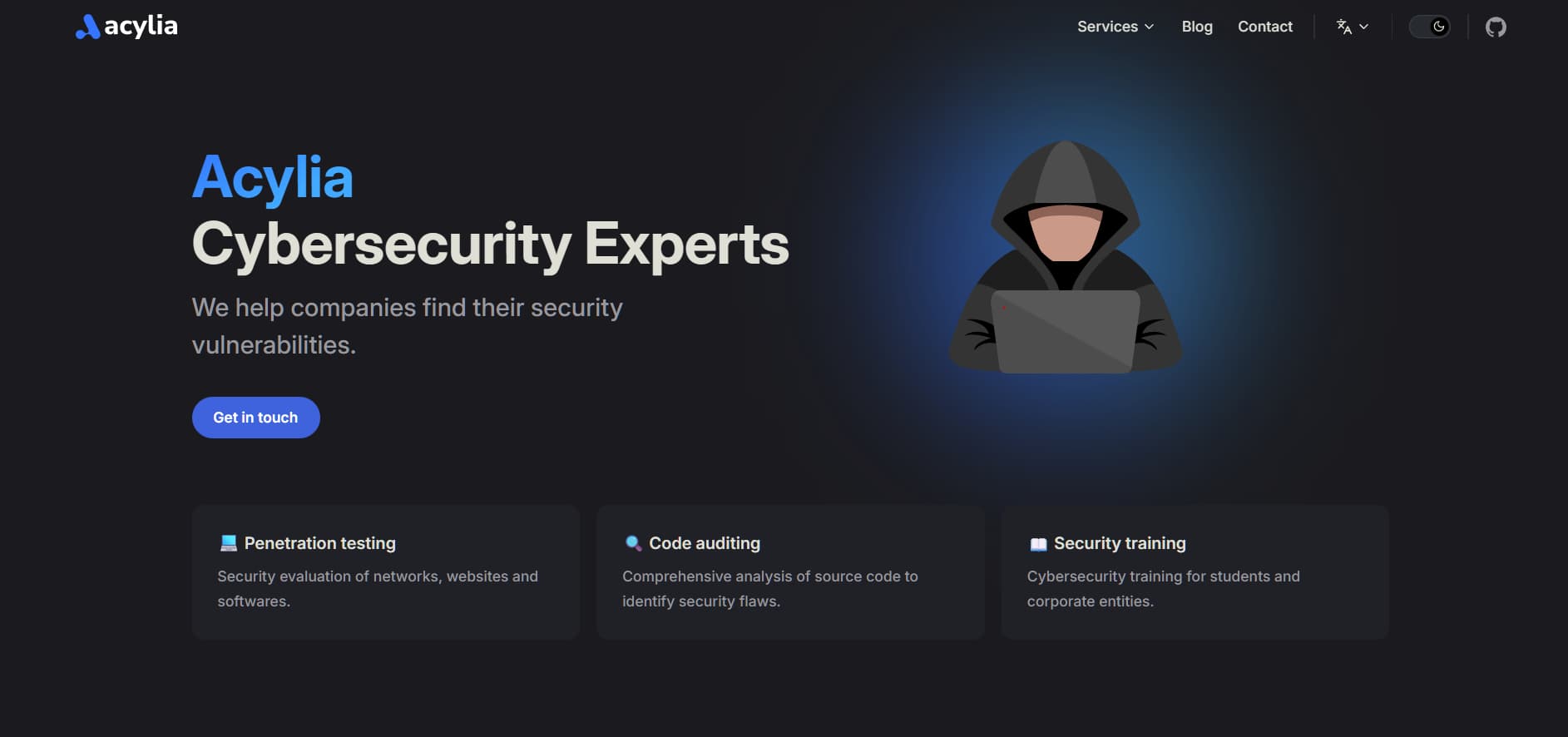 Alt text: Dark themed website featuring the headline “Acylia Cybersecurity Experts,” an illustration of a hooded hacker figure, and service cards for penetration testing, code auditing, and security training.