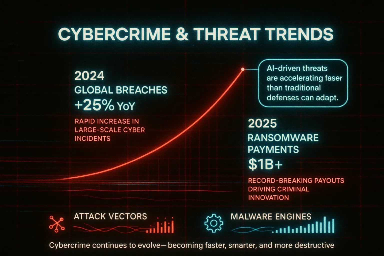 “An animated cybercrime visualization displays rising breach statistics, ransomware growth, and evolving attack vectors using neon red and cyan graphs, pulsing data lines, and glitch effects to illustrate the acceleration of global threats.”