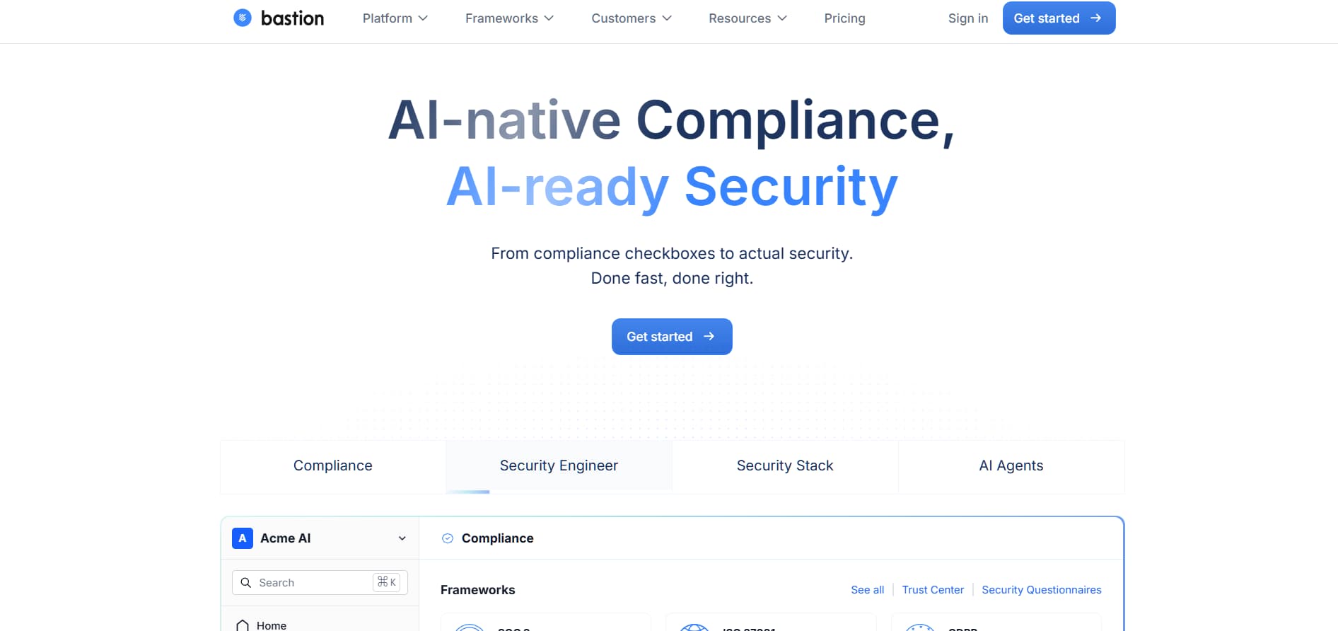Bastion AI-native compliance and security platform dashboard with frameworks and security engineering interface