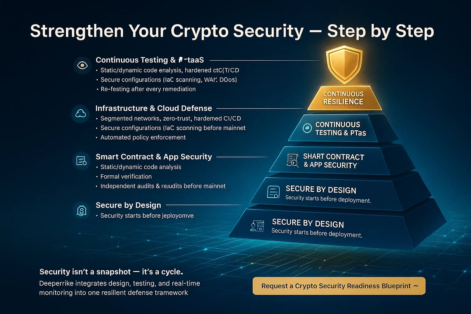 Digital illustration of a six-tier glowing pyramid labeled with crypto security steps — from secure design to continuous resilience — topped with a holographic DeepStrike shield representing complete protection.