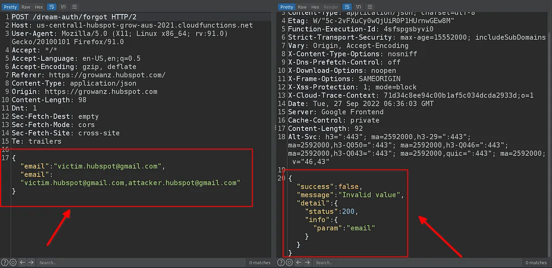 A two-panel screenshot of a web request and its response. The left panel shows an HTTP POST request where the "email" parameter contains a string that includes two email addresses. The right panel shows an error response from the server with the message "Invalid value", indicating this input was rejected.