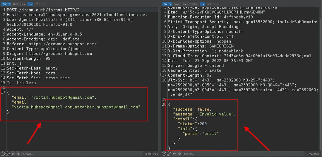 A two-panel screenshot of a web request and its response. The left panel shows an HTTP POST request where the "email" parameter contains a string that includes two email addresses. The right panel shows an error response from the server with the message "Invalid value", indicating this input was rejected.