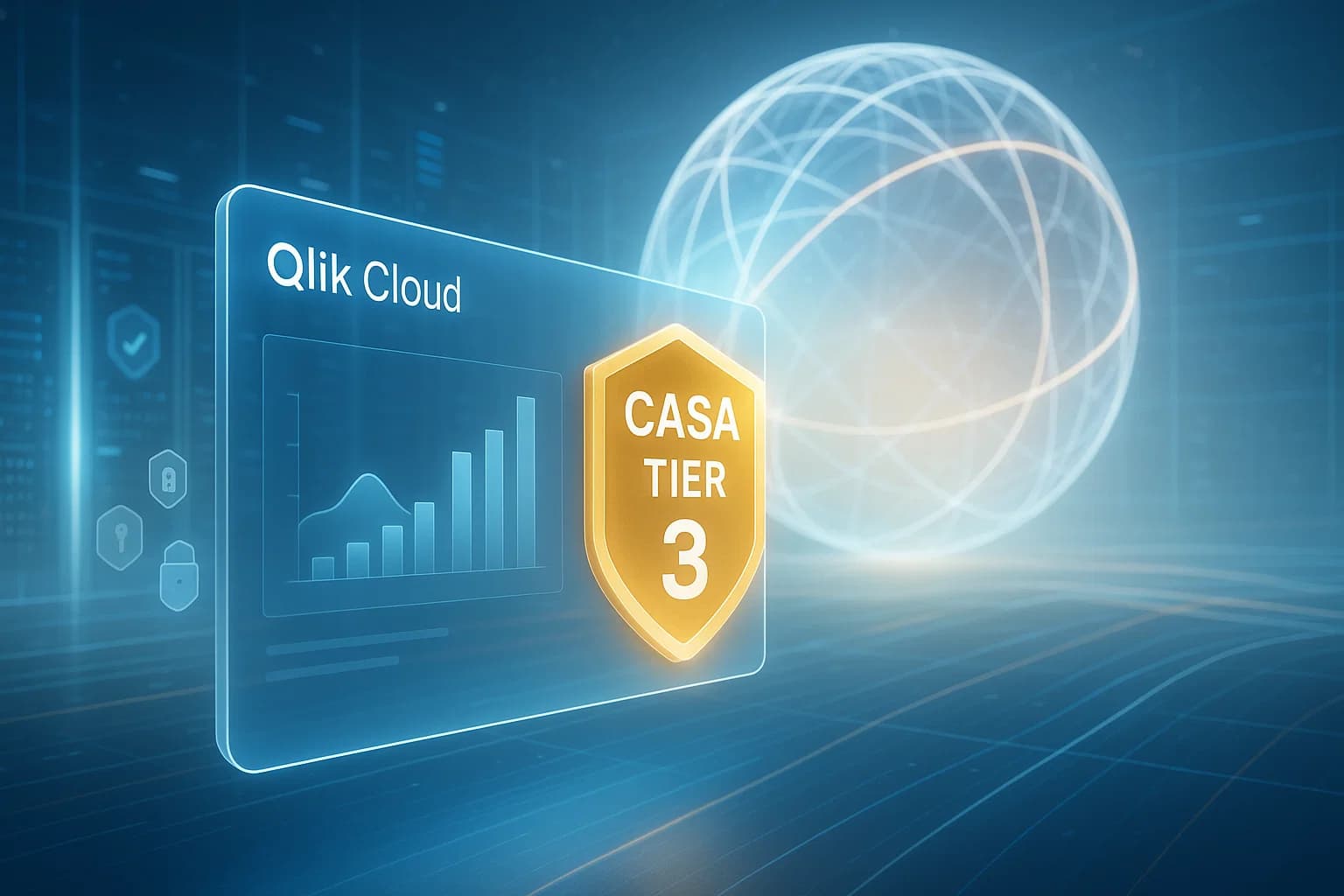 “Holographic enterprise cloud dashboard with a glowing CASA Tier 3 badge and Google Cloud–style data sphere, representing verified compliance.”