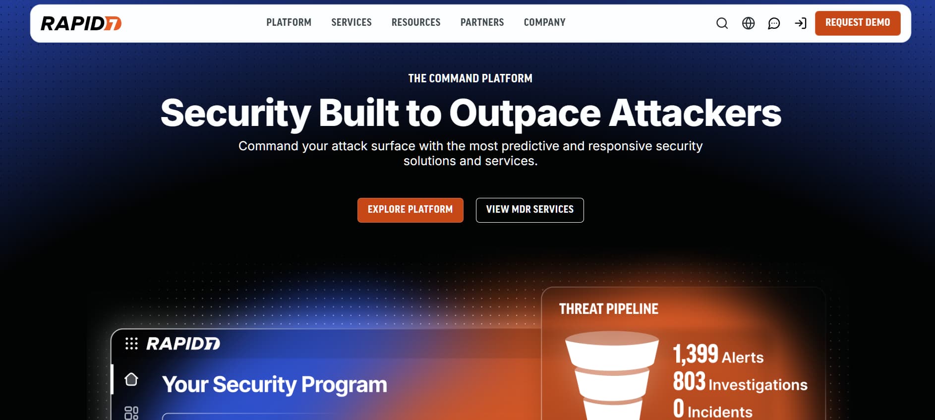 Website hero for Rapid7 highlighting a security platform designed to outpace attackers through predictive and responsive defense.