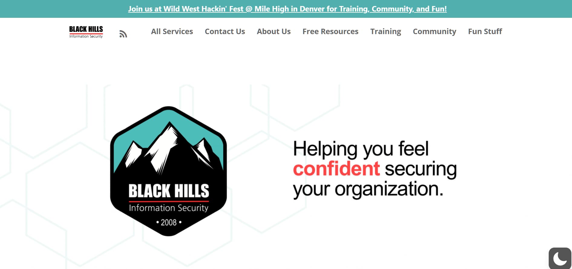 Black Hills Information Security website hero banner with mountain logo and confident security messaging