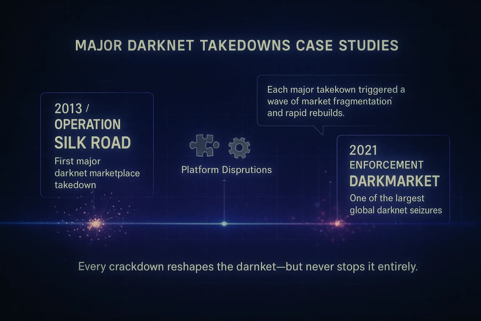 “A cinematic animated timeline highlighting major darknet marketplace takedowns, with glowing data panels, dates, and collapsing network nodes representing global law-enforcement operations.”