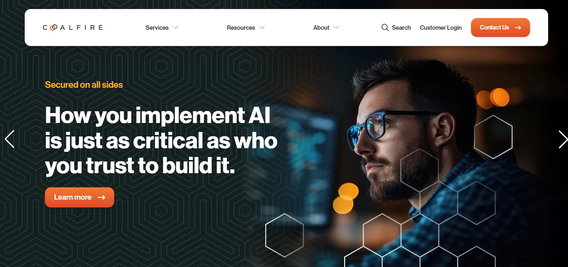 Coalfire cybersecurity consulting website hero about secure AI implementation with professional analyst image