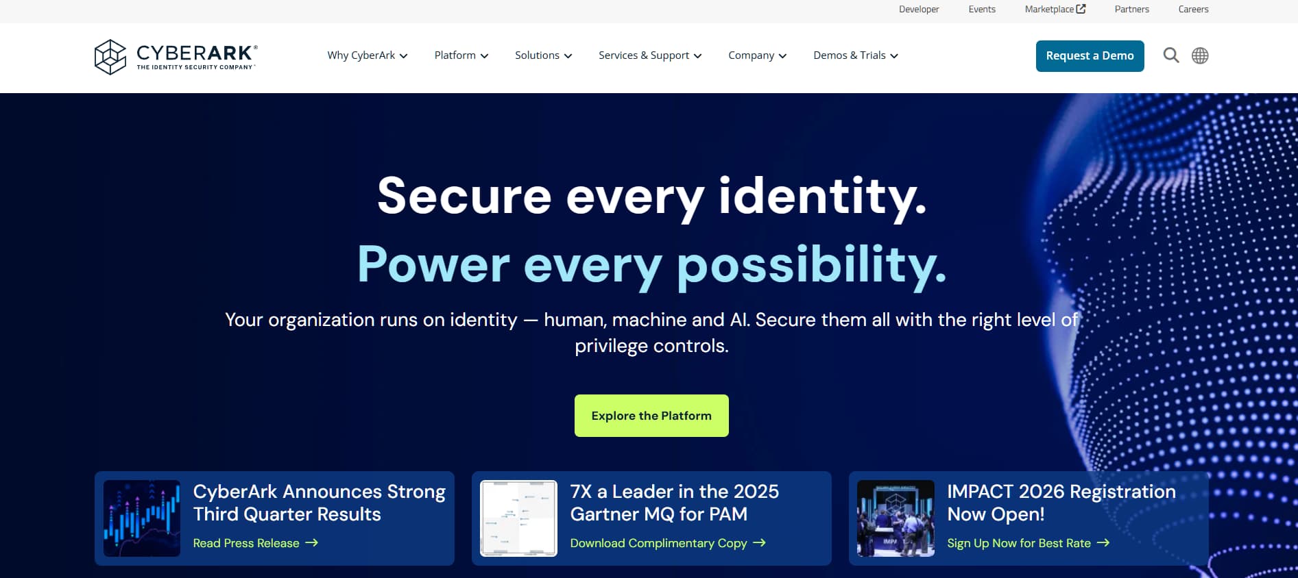CyberArk homepage – “Dark blue identity security homepage with headline ‘Secure every identity.’”