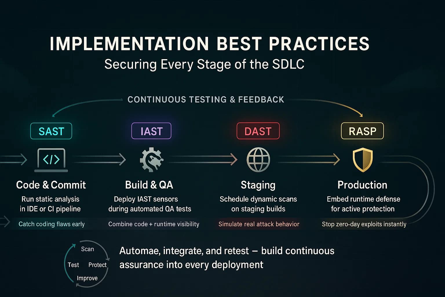 Infographic showing a horizontal DevSecOps pipeline where SAST, IAST, DAST, and RASP are integrated across code, QA, staging, and production with continuous feedback loops.