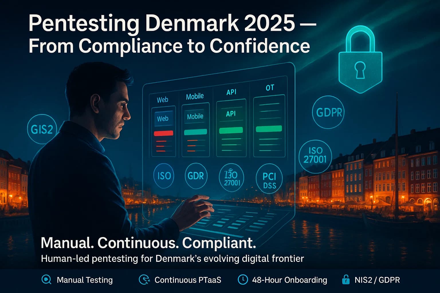 “Cybersecurity analyst reviewing holographic pentesting data above Copenhagen, with NIS2 and GDPR icons symbolizing Denmark’s compliance-driven digital-security landscape.”