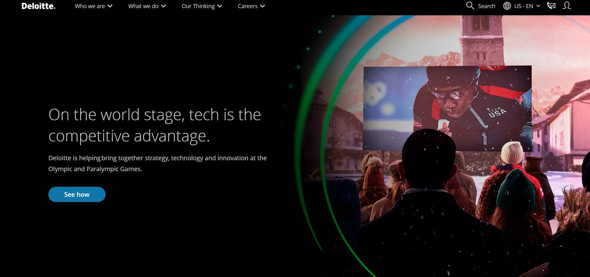 “Deloitte homepage featuring headline about technology as a competitive advantage with Olympic-themed visual and ‘See how’ button.”
