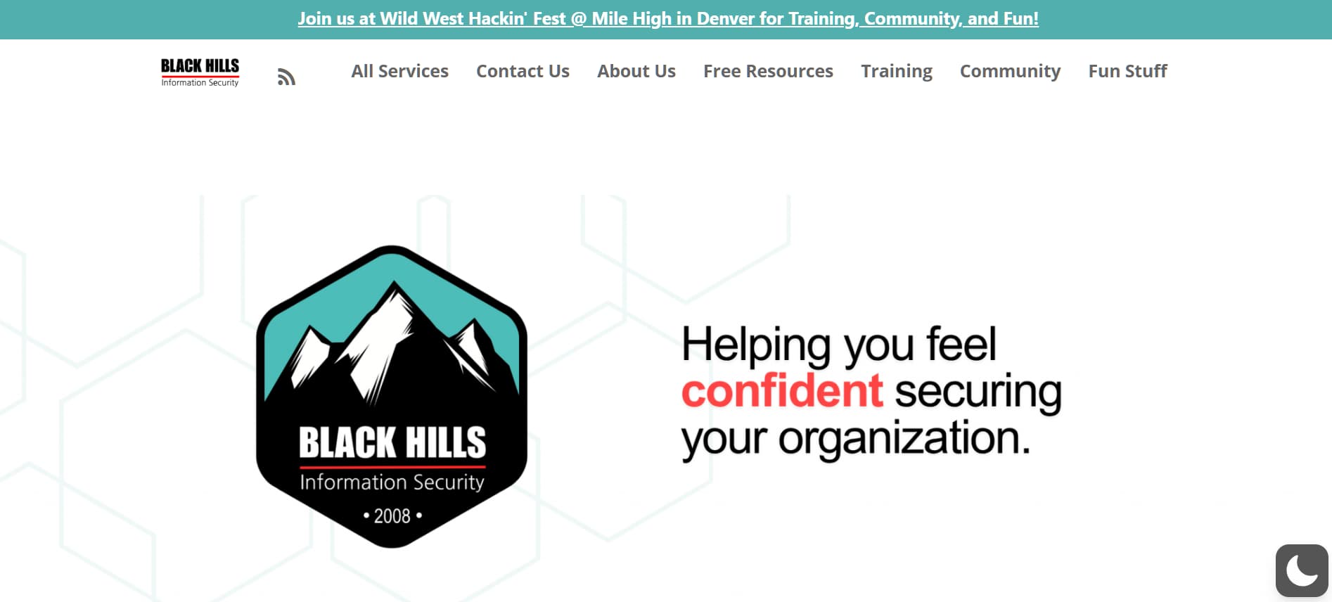 “Black Hills Information Security homepage featuring the company logo and the message ‘Helping you feel confident securing your organization.’”