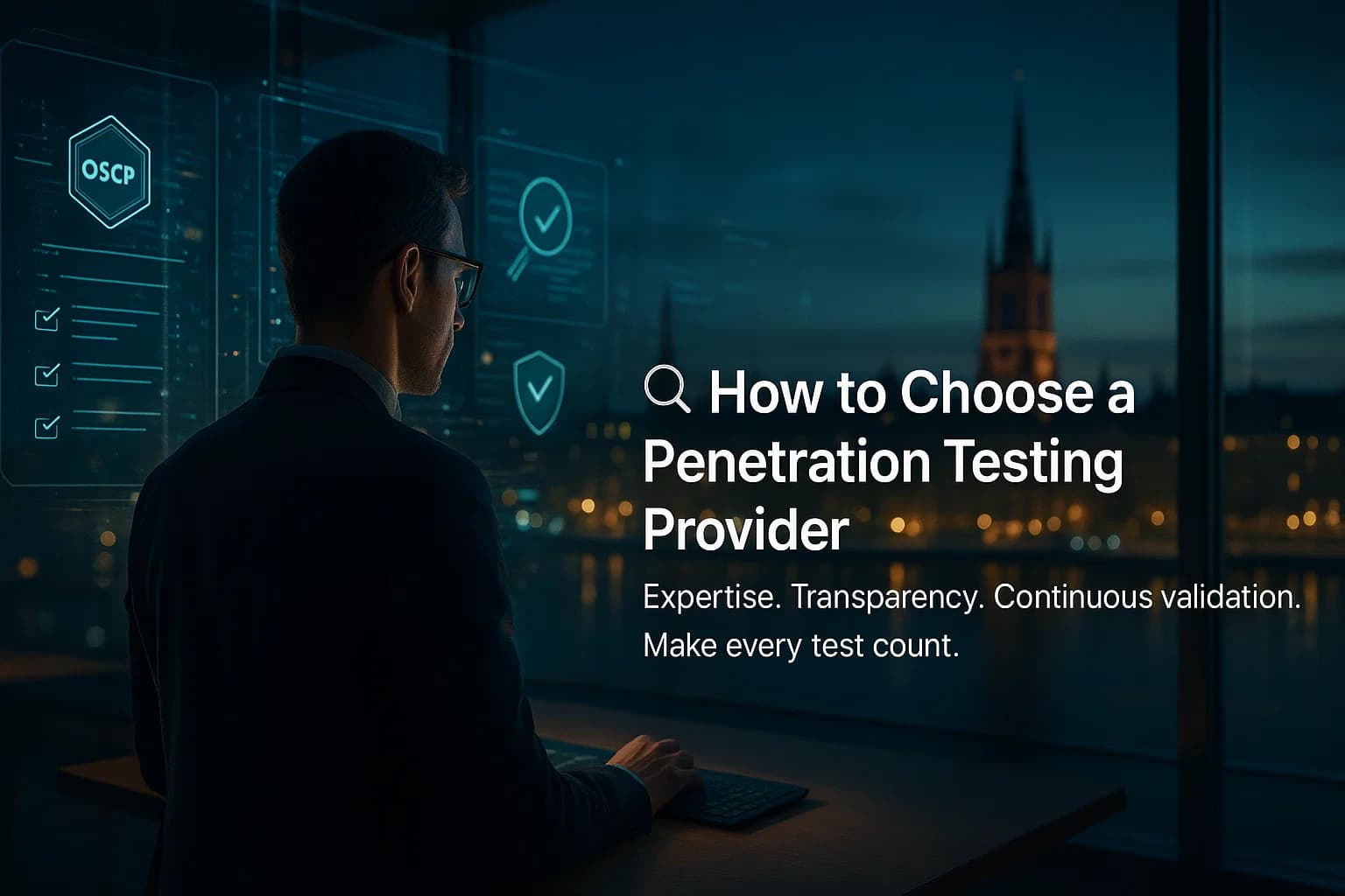 “Cybersecurity expert reviewing holographic dashboards with certification and compliance icons, symbolizing how to choose a penetration testing provider.”