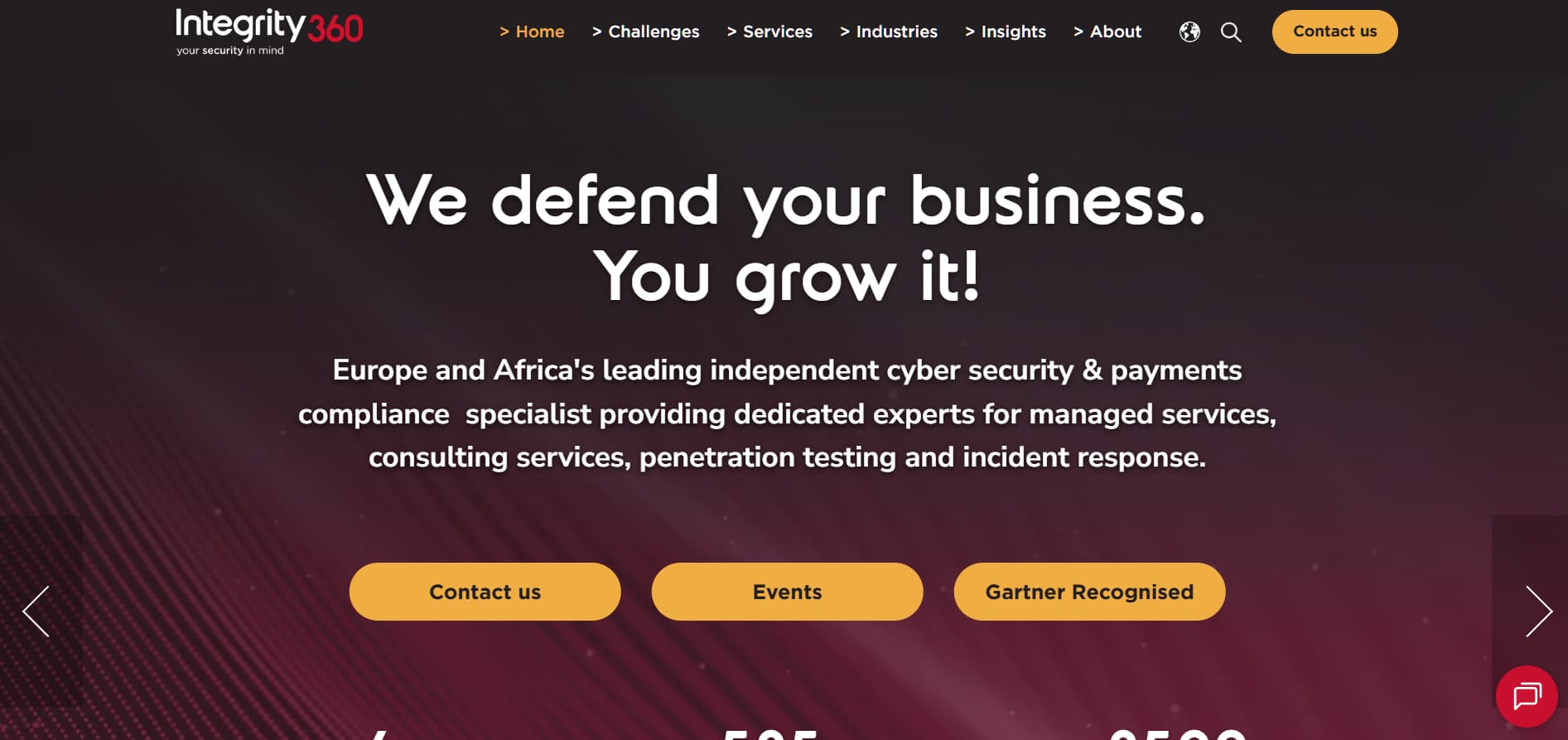 Gradient dark red and purple cybersecurity website hero stating “We defend your business. You grow it!” with buttons for contact, events, and recognition.