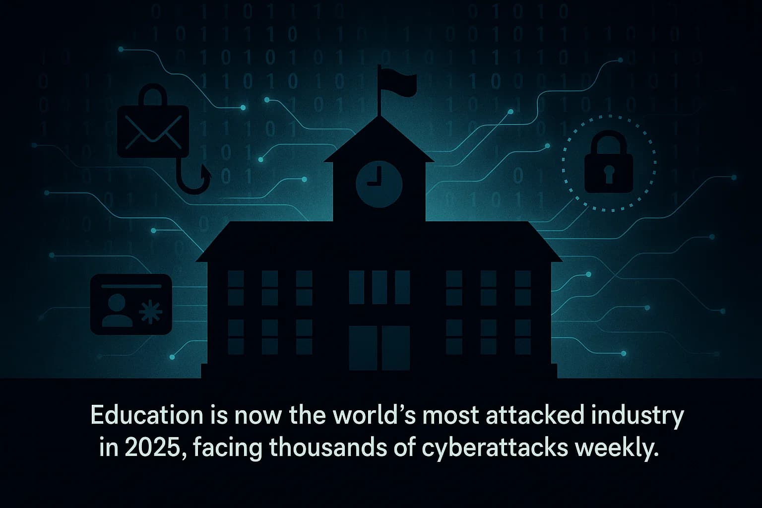 Digital illustration of a school building under cyberattack with icons representing ransomware, phishing, and data theft