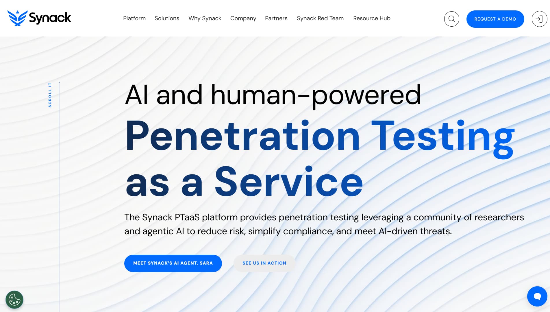 Website homepage with white and blue text on a light abstract background. The headline reads ‘AI and human-powered Penetration Testing as a Service’ highlighting its PTaaS platform