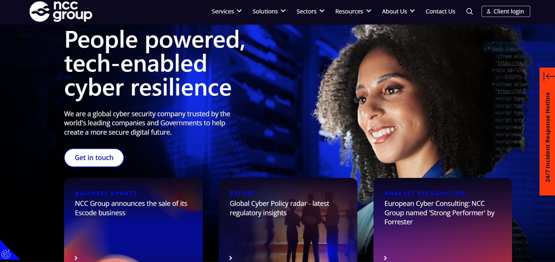 NCC Group cyber resilience homepage banner with smiling professional and blue technology background