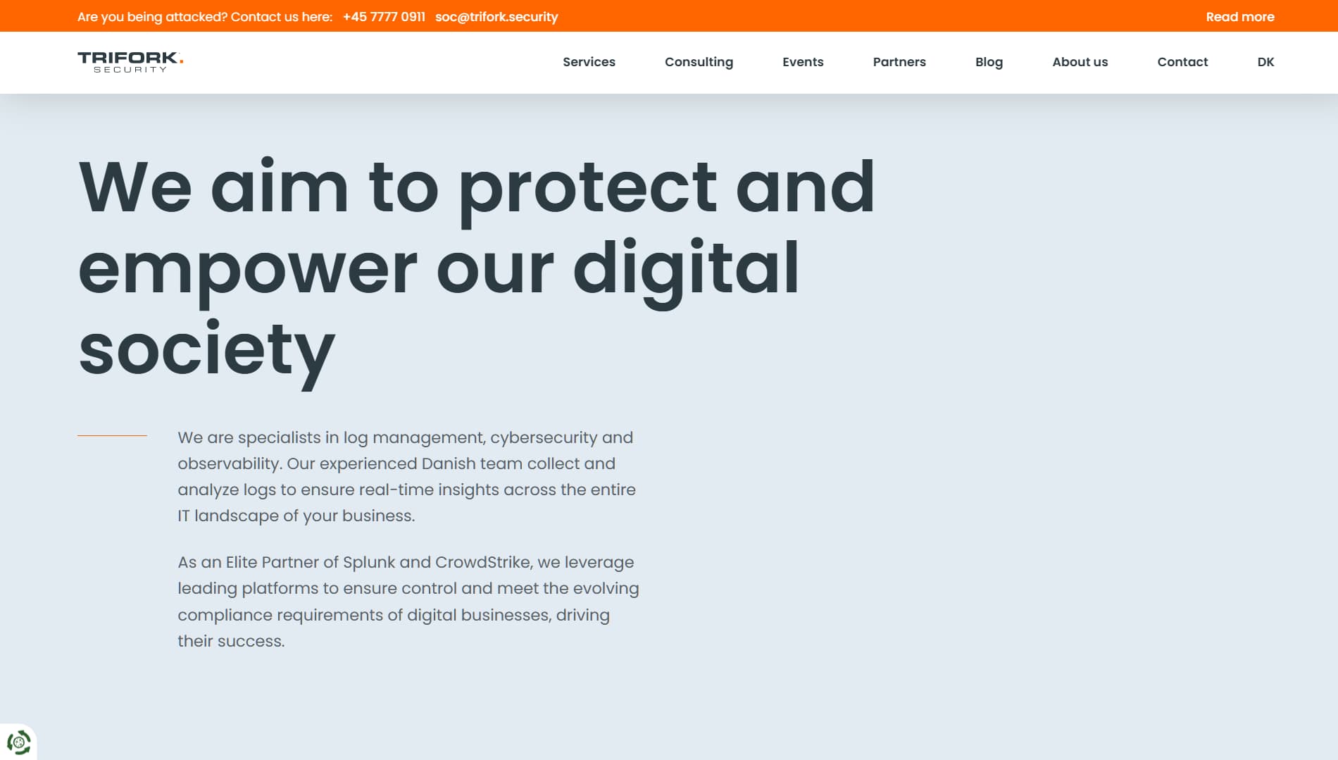 Screenshot of Trifork Security homepage with the tagline ‘We aim to protect and empower our digital society,’ focusing on cybersecurity, observability, and compliance analytics.