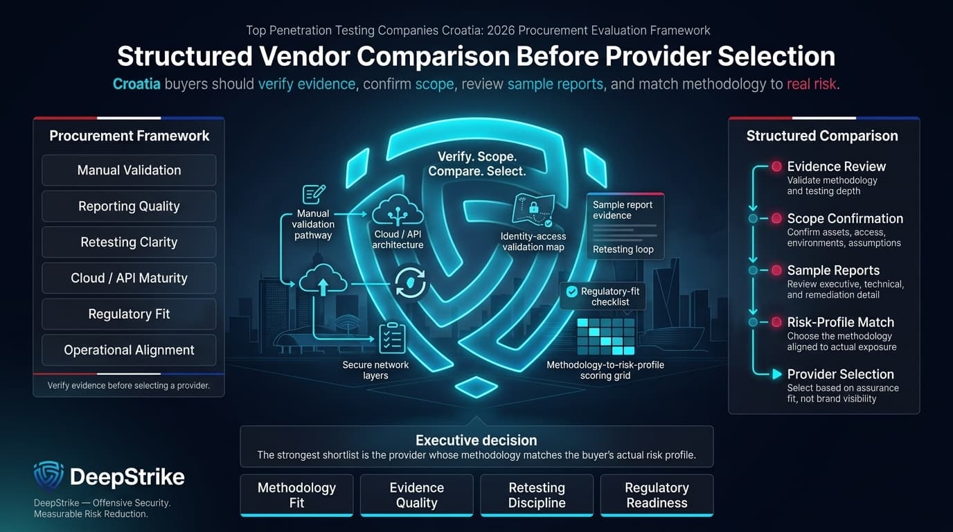 “A premium cybersecurity procurement dashboard for Croatia shows a glowing shield around a futuristic Zagreb enterprise environment. Buyer evaluation criteria appear on the left, a structured vendor comparison flow appears on the right, and procurement decision tiles appear in the lower center. The lower-right corner is intentionally empty for watermark removal.”