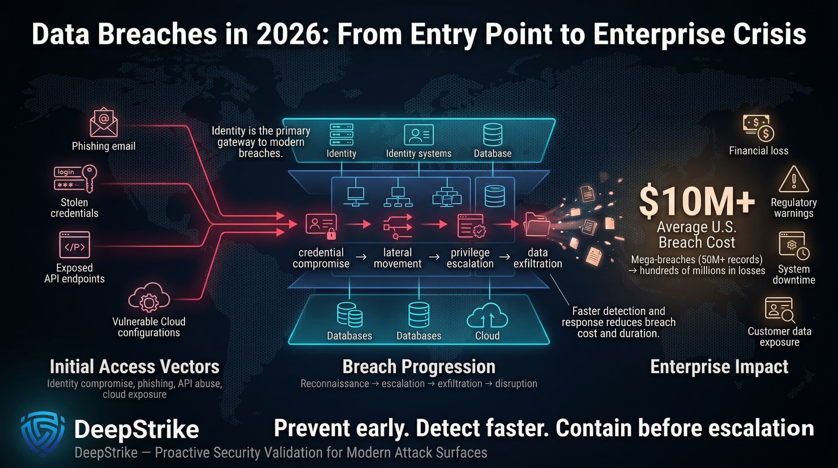 “A cybersecurity visualization shows how data breaches evolve from phishing and stolen credentials into full enterprise impact. Attack paths move through identity systems and cloud infrastructure, leading to data exfiltration and financial loss indicators.”