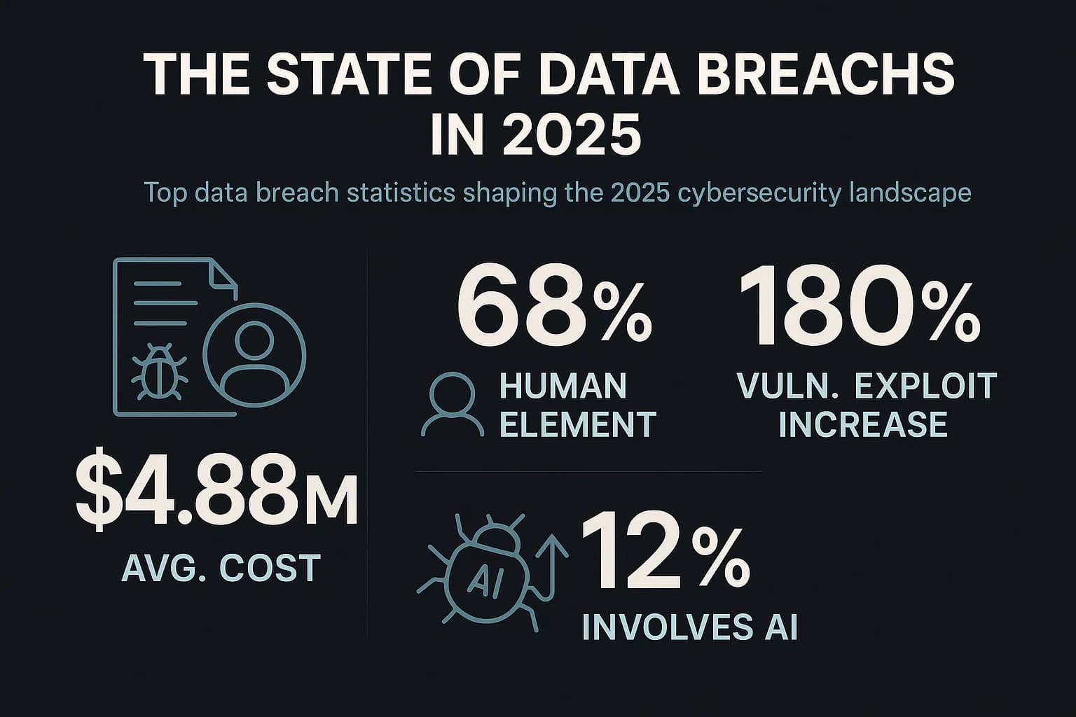 Infographic showing 2025 data breach statistics including average cost, attack vectors, and AI impact