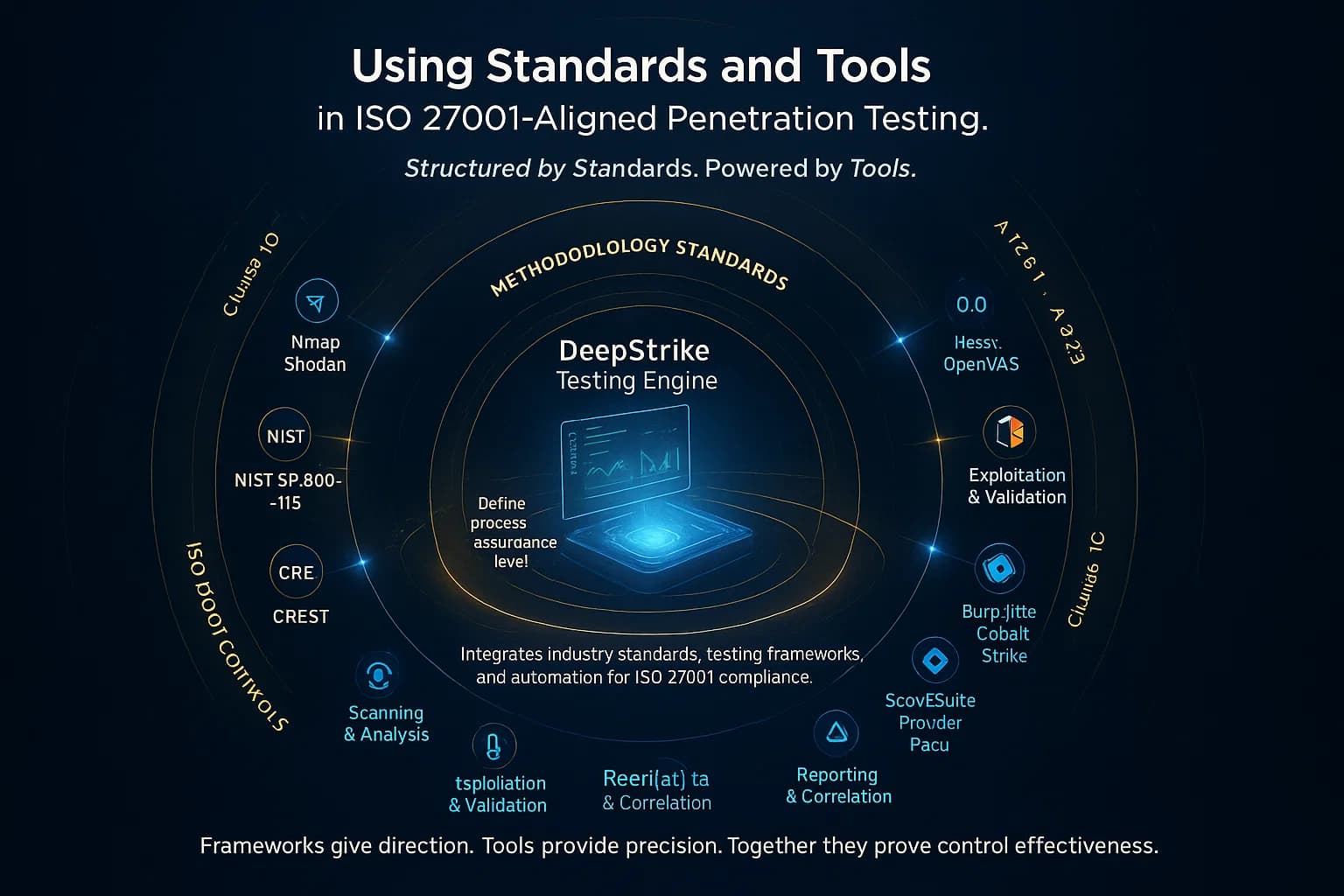 Infographic illustrating concentric rings connecting penetration-testing standards (OWASP Top 10, NIST SP 800-115, CREST) with common security tools (Nmap, Burp Suite, Metasploit, Nessus) around a central DeepStrike PTaaS platform, aligned to ISO 27001 controls.