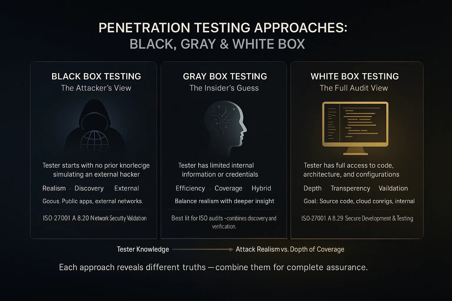Infographic comparing black box, gray box, and white box penetration testing approaches, highlighting tester knowledge levels, testing scope, and relevant ISO 27001 controls.