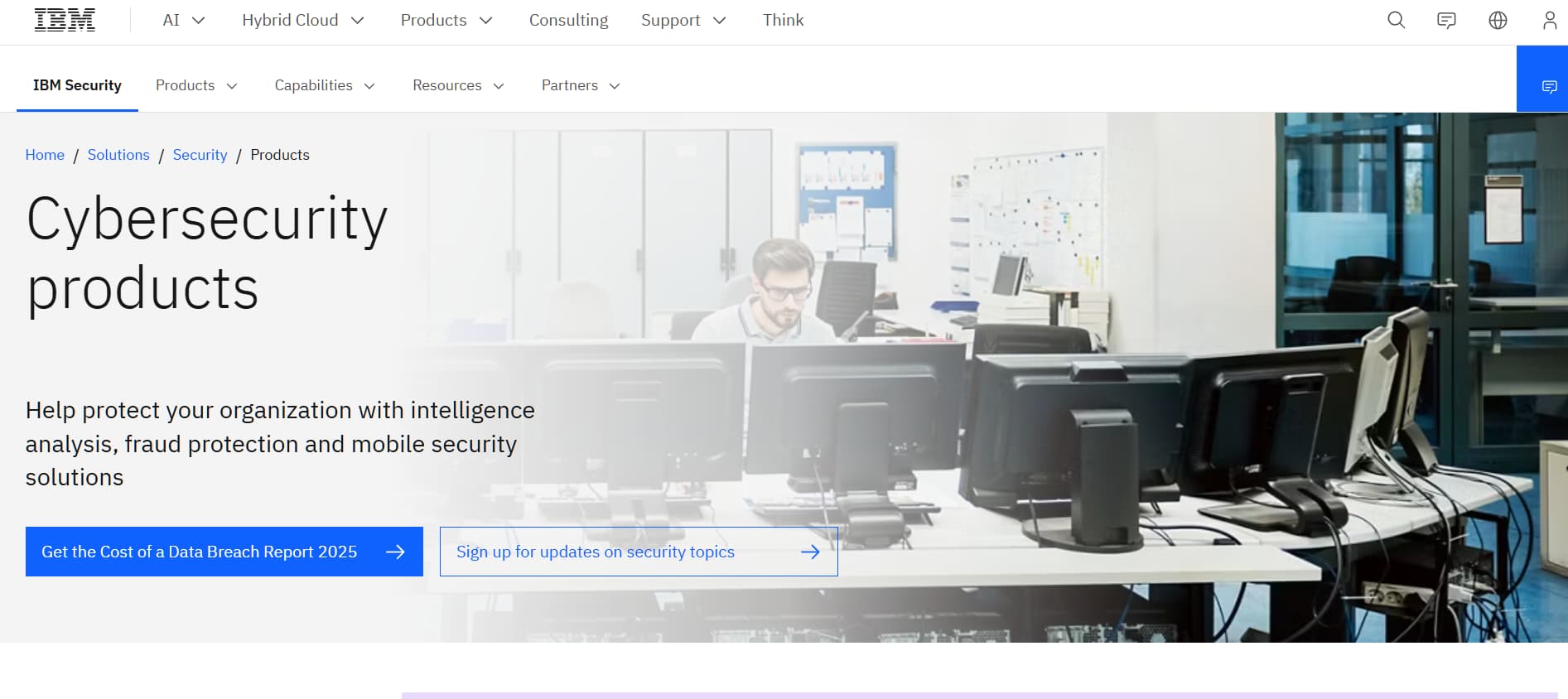 “IBM Security webpage titled ‘Cybersecurity products,’ showing a security operations workspace with analysts at computer monitors and links to security resources.”