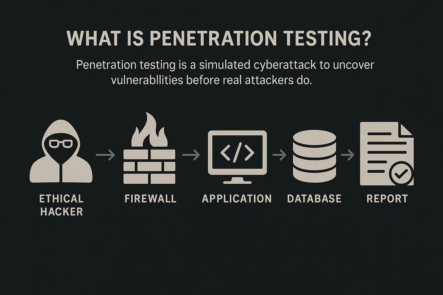 Conceptual diagram showing ethical hackers simulating attacks on systems to identify and exploit vulnerabilities before real-world threat actors can.