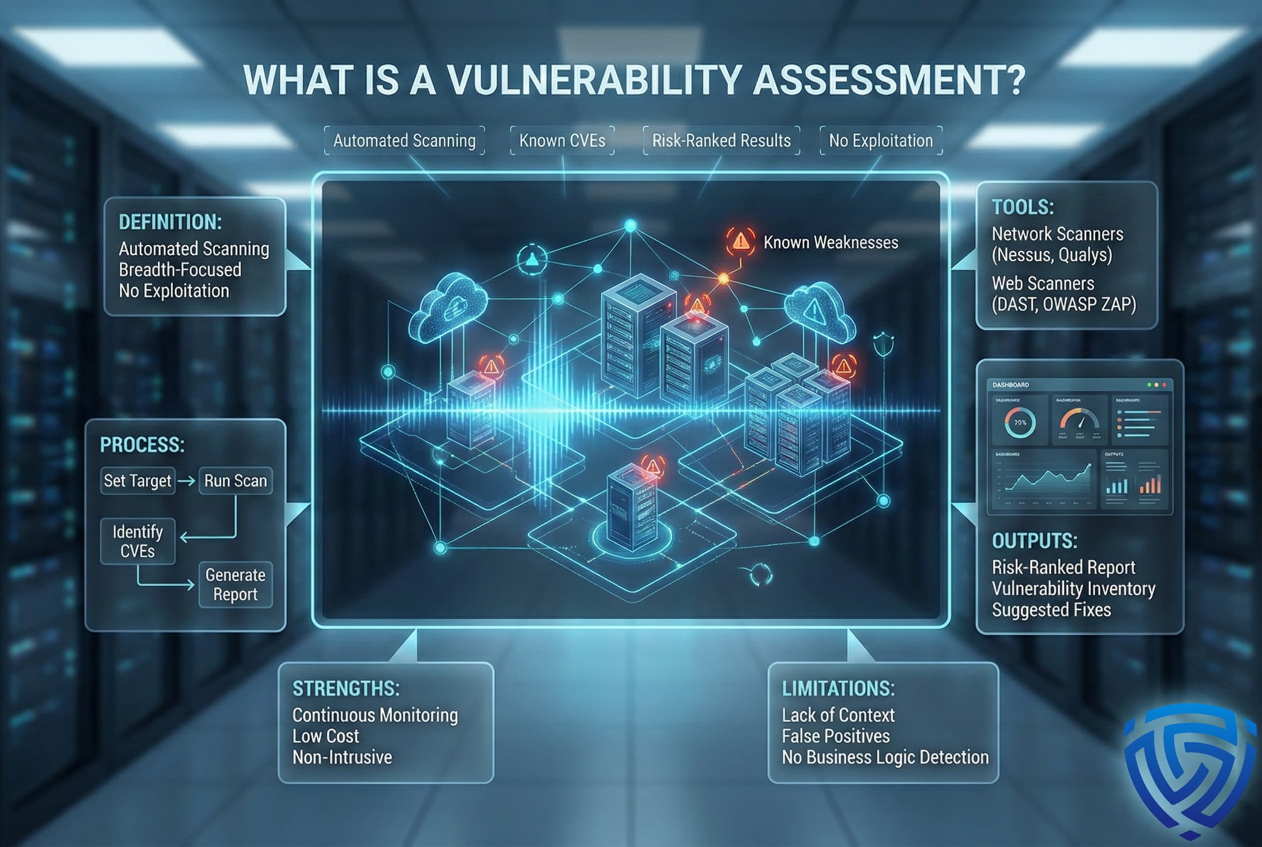 Infographic titled “What Is a Vulnerability Assessment?” showing automated scanning across servers and cloud assets, highlighting known CVEs, risk-ranked results, tools used, strengths, and limitations.