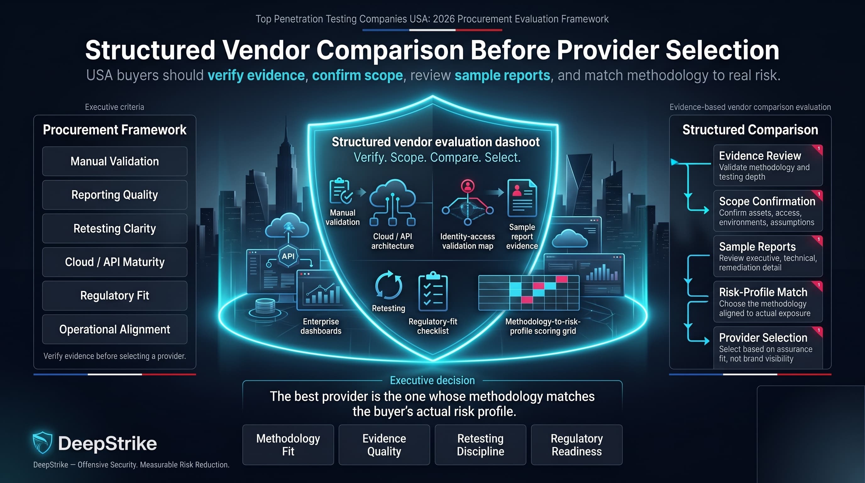 “A premium cybersecurity procurement dashboard for U.S. buyers shows a glowing shield around a futuristic enterprise environment. Buyer evaluation criteria appear on the left, a structured vendor comparison flow appears on the right, and procurement decision tiles appear in the lower center. The lower-right corner is intentionally empty for watermark removal.”