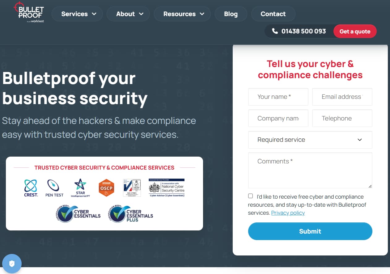 Bulletproof cybersecurity services landing page with compliance badges, business security headline, and contact form.