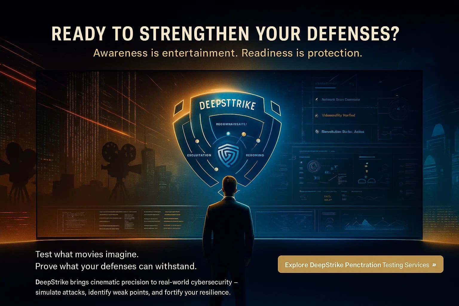 Digital illustration showing a cybersecurity professional activating a holographic blue-gold shield labeled with pentesting phases, blending cinematic hacker aesthetics with DeepStrike’s real defensive operations.