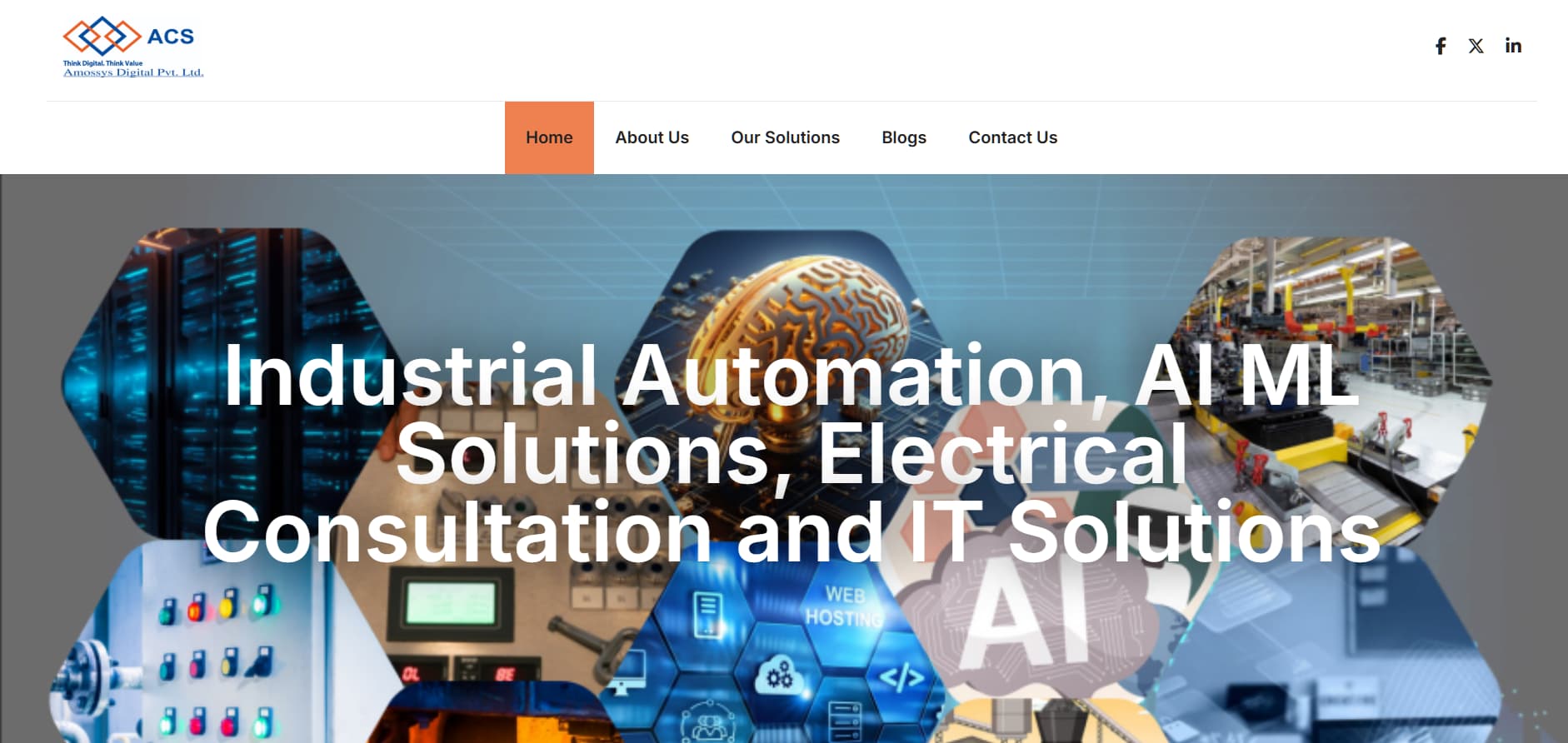 Alt text: Company website banner showing “Industrial Automation, AI ML Solutions, Electrical Consultation and IT Solutions” with hexagon images of servers, a brain graphic, factory machinery, and technology icons.