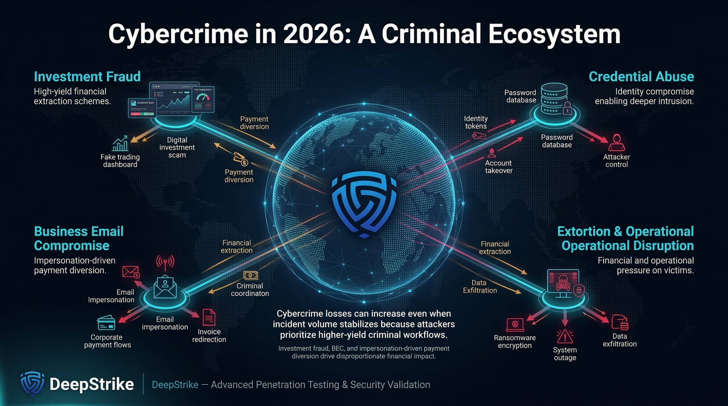 “A cybersecurity ecosystem diagram shows interconnected cybercrime activities including investment fraud, business email compromise, credential abuse, and ransomware extortion, illustrating how these threats form part of a global criminal economy.”