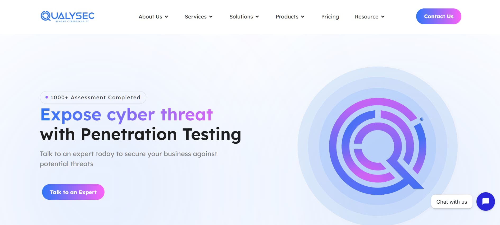“Qualysec homepage promoting penetration testing services with headline ‘Expose cyber threat with Penetration Testing’ and circular abstract security graphic.”