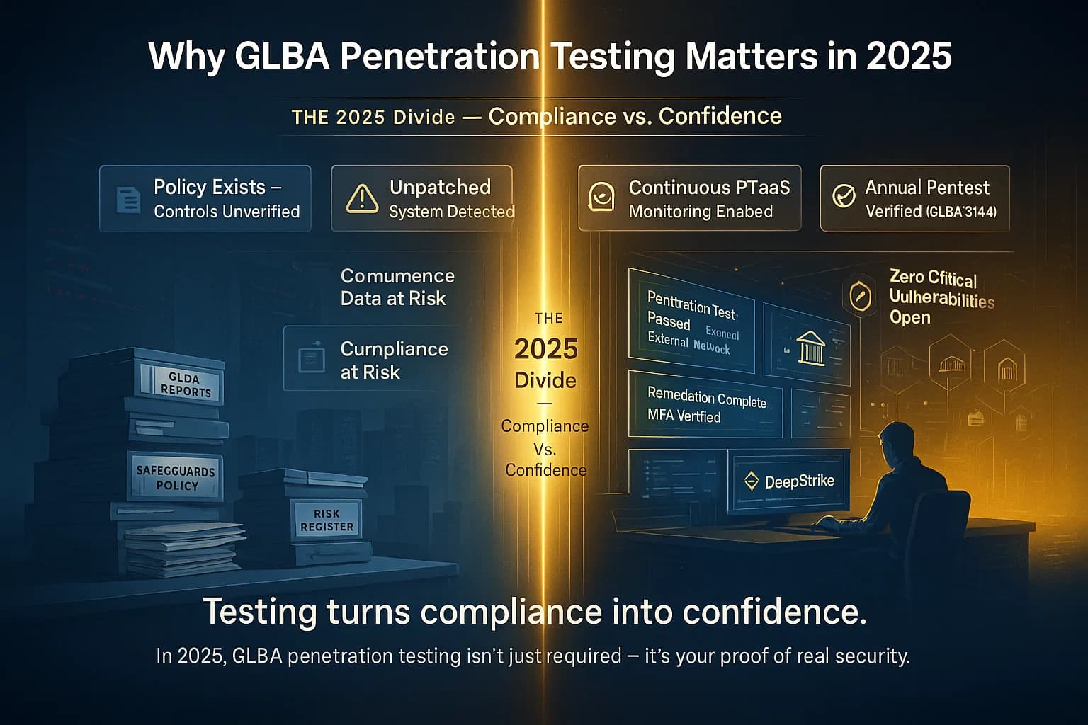 Split-screen digital illustration contrasting an untested, paper-based compliance environment with a glowing, secure, tested financial network — representing why GLBA penetration testing is essential in 2025.