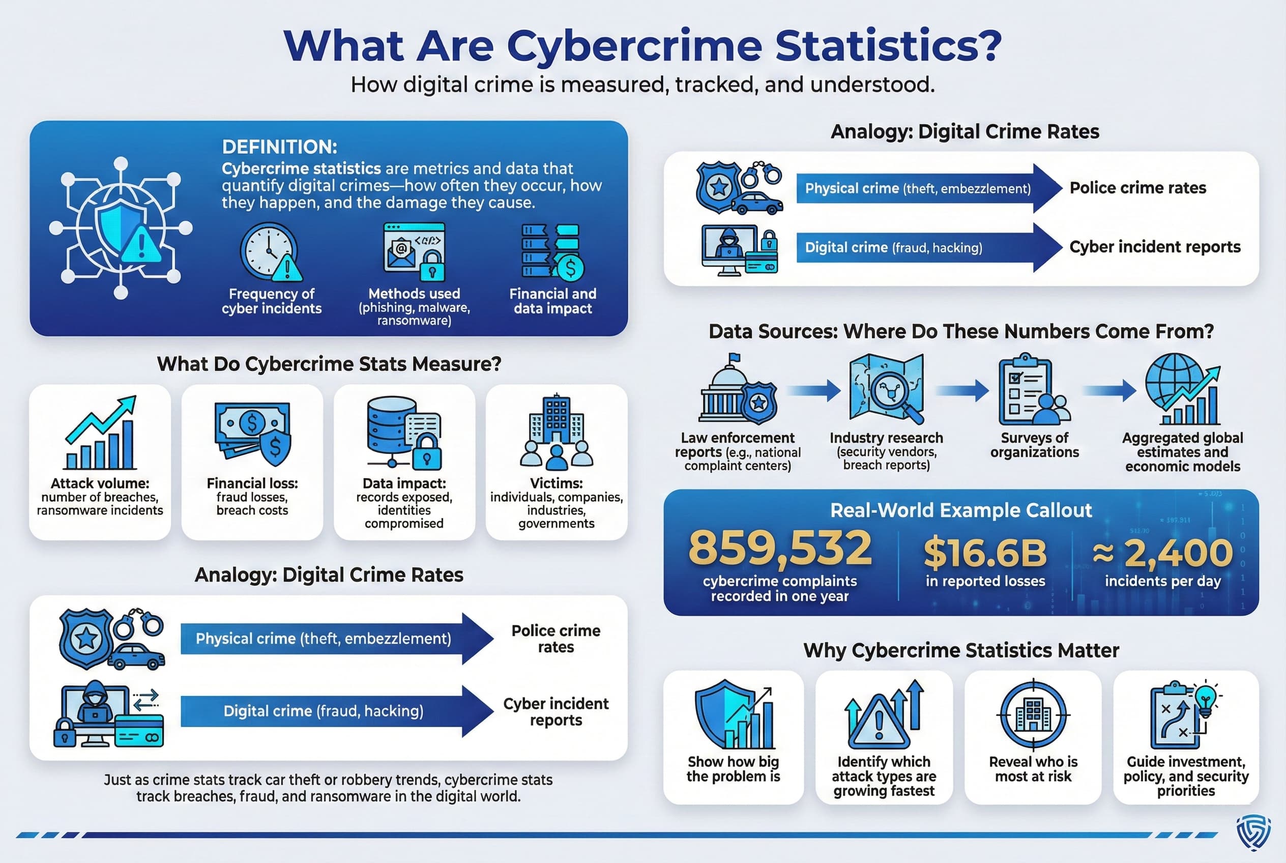Infographic titled “What Are Cybercrime Statistics?” explaining how digital crime is measured and understood. Defines cybercrime statistics as metrics that quantify incident frequency, attack methods such as phishing, malware, and ransomware, and resulting financial and data impact. Shows what these statistics measure, including attack volume, financial loss, data exposure, and affected victims. Illustrates data sources such as law enforcement reports, industry research, organizational surveys, and aggregated economic models. Uses an analogy comparing physical crime rates to digital crime reports. Includes example figures showing hundreds of thousands of complaints, billions in reported losses, and thousands of incidents per day, and explains why cybercrime statistics matter for understanding risk, trends, and security priorities.