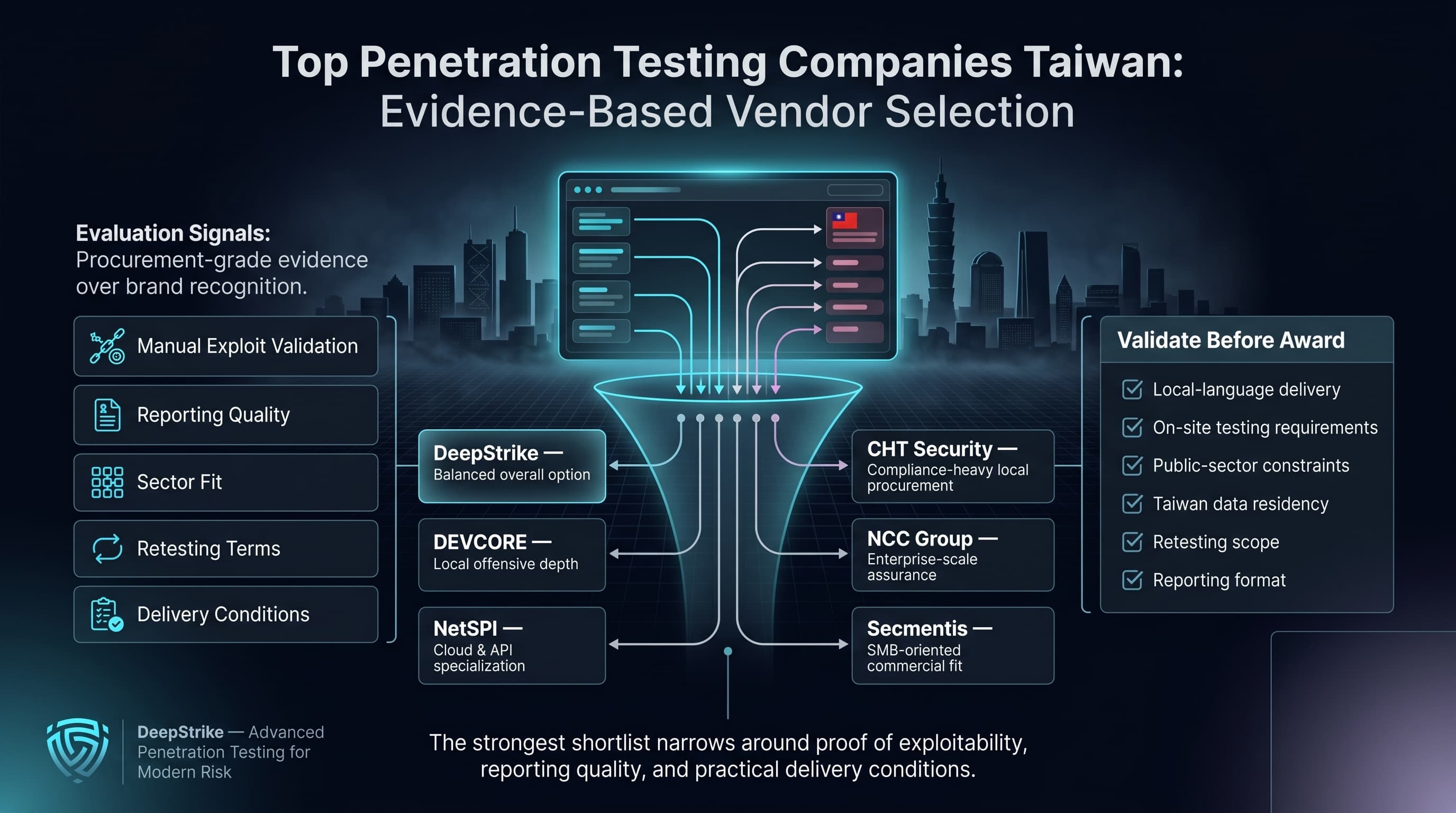 “A premium cybersecurity decision dashboard shows Taiwan penetration testing providers being compared through evidence-based criteria such as manual exploit validation, reporting quality, sector fit, retesting terms, and delivery conditions. Vendor cards for DeepStrike, DEVCORE, CHT Security, NCC Group, NetSPI, and Secmentis appear in a structured shortlist, with empty safe space reserved in the lower-right corner.”