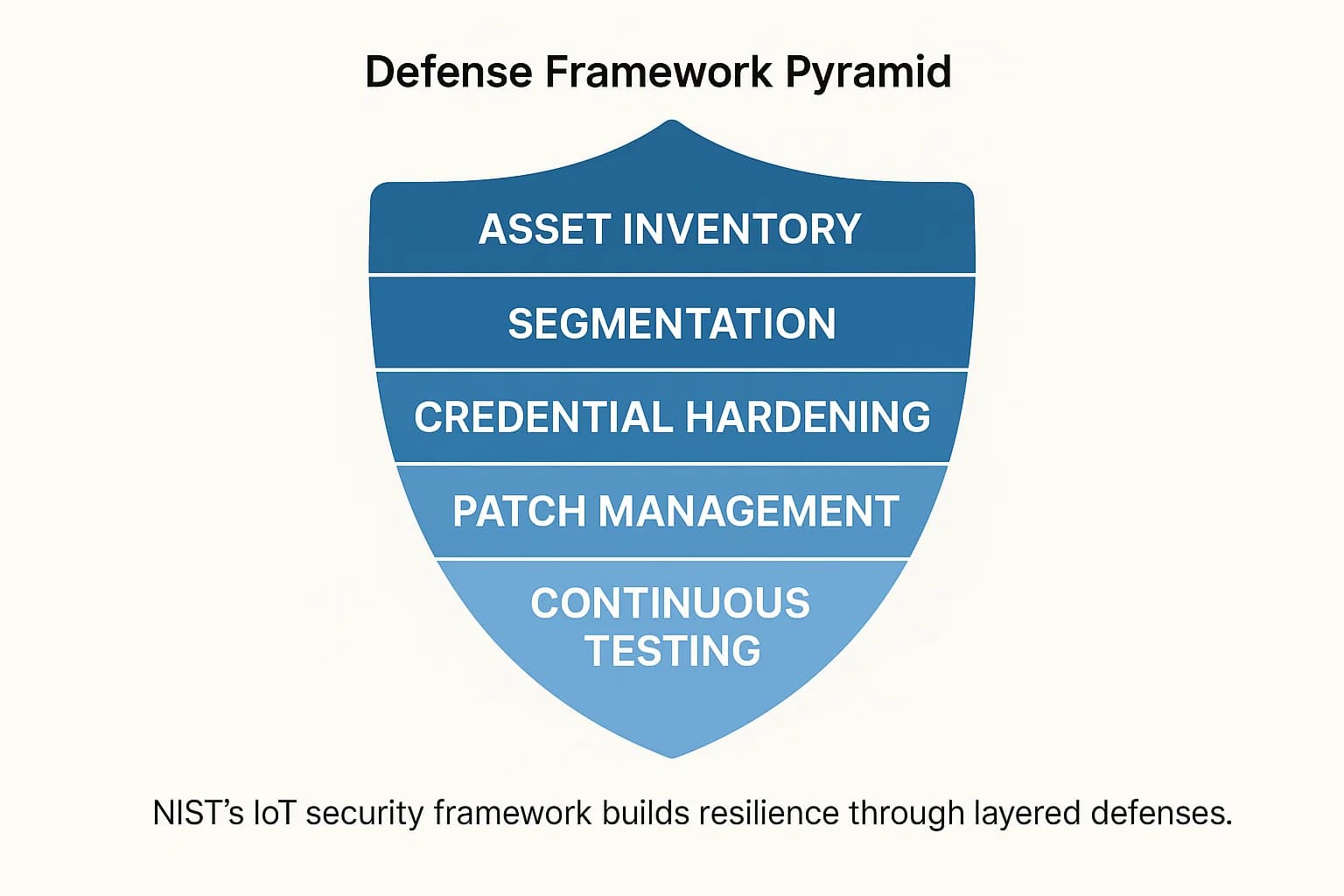 Layered security diagram showing steps of the NIST IoT Cybersecurity Framework for IoT devices.