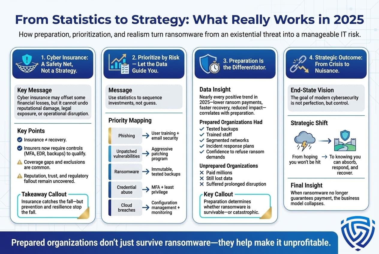 Infographic outlining ransomware defense strategy in 2025, emphasizing risk-based prioritization, preparation over insurance reliance, staff training, tested backups, and a shift from crisis response to controlled, resilient operations.